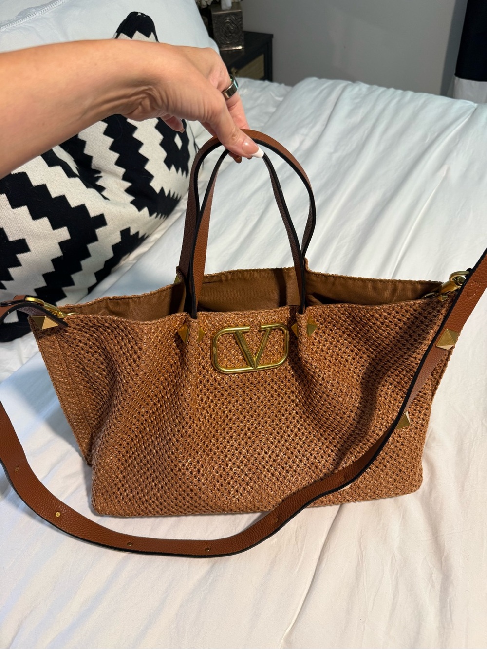 Brown Raffia Tote with Gold V Logo